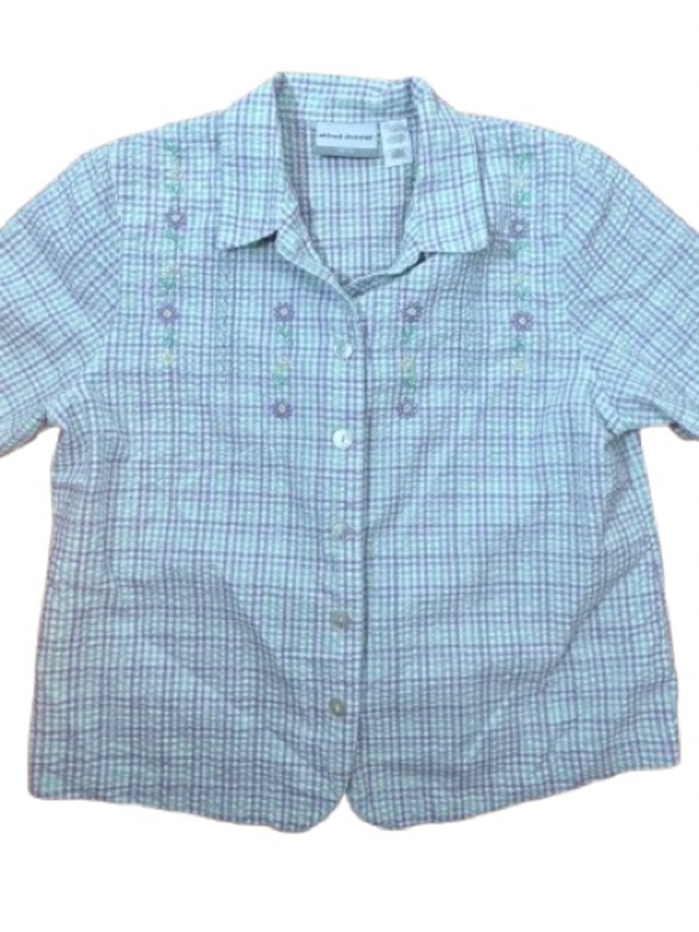 Alfred Dunner Green Lavender Plaid Petite Button Collared Shirt 12P Seersucker